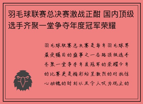 羽毛球联赛总决赛激战正酣 国内顶级选手齐聚一堂争夺年度冠军荣耀