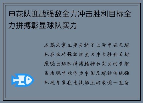申花队迎战强敌全力冲击胜利目标全力拼搏彰显球队实力