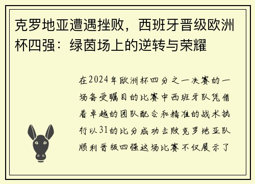 克罗地亚遭遇挫败，西班牙晋级欧洲杯四强：绿茵场上的逆转与荣耀
